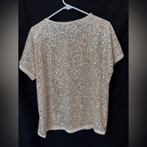 Entre Cream Sequined Short Sleeve Top Women’s Medium Style #T12850 Evening Party - Picture 6 of 8